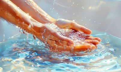 In a bright and cheerful bathroom, a woman enthusiastically washes her hands with soap, emphasizing the essential habit of maintaining personal hygiene at home