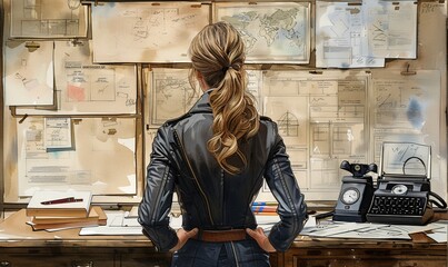 A female detective examines an investigation board filled with clues and notes, immersed in her detective work. The artwork captures her serious demeanor in a watercolor style