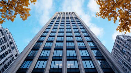 Obraz premium A tall modern building viewed from below against a blue sky.