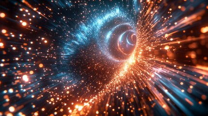 Obraz premium An intricate visualization of glowing data trails and explosive elements, embodying the concept of hyper-speed travel, set against a minimalist color backdrop