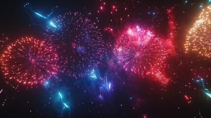 Fototapeta premium Fiesta New Year fireworks create a vibrant night scene with dynamic colors and patterns. The fireworks light up the night sky, perfect for a countdown celebration, featuring ample copy space.