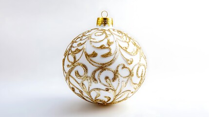 A white Christmas ornament. Gold designs of swirls and leaves.