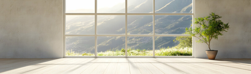 Empty room with large window and scenic mountain view in sunlight  -