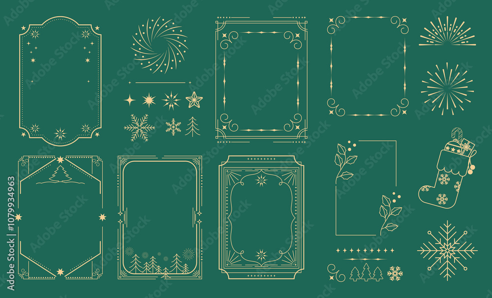Wall mural merry christmas and happy new year greeting card frame design vector element set. christmas tree, br