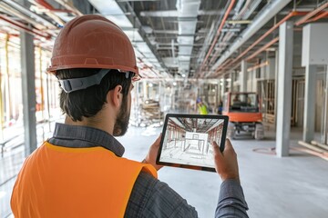 Construction Worker Reviewing Plans on Tablet at Job Site