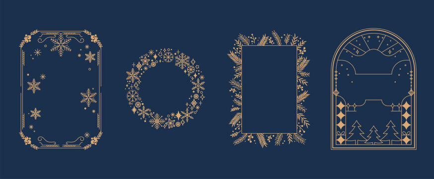 Merry Christmas and Happy New Year greeting card frame design vector element set. Christmas Tree,  branches, balls, snowflake pattern. Luxury element for  invitation, banner, poster, cover  and print.