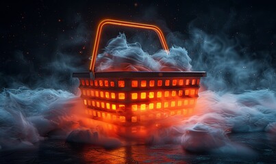 This vibrant orange sale basket shines against a dramatic black background, promoting enticing shopping opportunities and discounts. It's a striking visual that captures attention