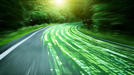 Fast Digital Data Flow a?" High-speed data transfer visual with codes flowing on a digital road, showing agile digital transformation -