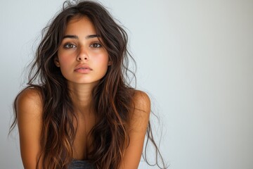 A portrait of a young woman with long, wavy hair against a neutral background.