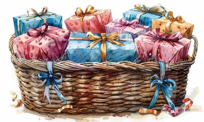 A delightful basket brimming with elegantly wrapped gifts in various colors, celebrating New Year festivities and enticing holiday shoppers with discounts