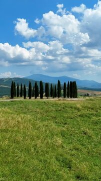 i cipressi della toscana a San Quirico d&rsquo;Orcia, Siena, Italia.
Vista aerea delle colline toscane in Val d'Orcia con i famosi cipressi.
