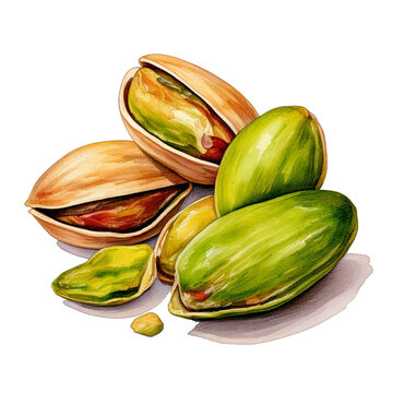 Naklejki Watercolor pistachio nuts  drawing on white background, Natural Fresh dried pistachio nut  isolated, fresh foods art painting