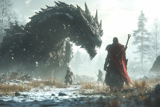 3D Illustration - Dragon, Warrior, Fantasy, Winter, Snow