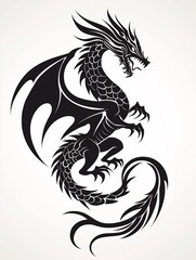 Striking Tribal Dragon Tattoo Design with Bold Lines and Stylized Scales on Isolated Black and White Background