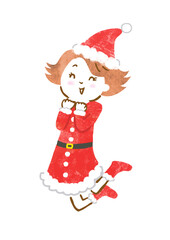 サンタの衣装を着てジャンプする女性の手描きイラスト