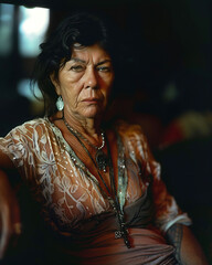 Fototapeta premium Portrait of serious middle aged latin woman sitting in cafe looking at camera