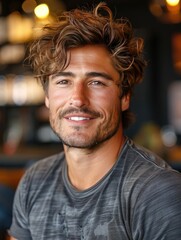 Obraz premium Portrait of a smiling man with relaxed posture in a warm, cozy cafe setting, surrounded by ambient lighting for a welcoming atmosphere