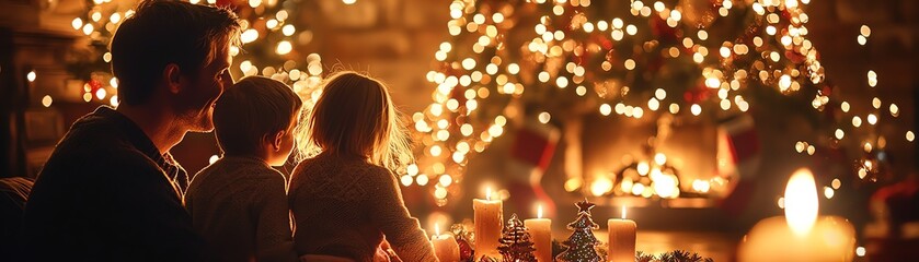 A warm family scene with a parent and children admiring a beautifully decorated Christmas tree, surrounded by soft candlelight.