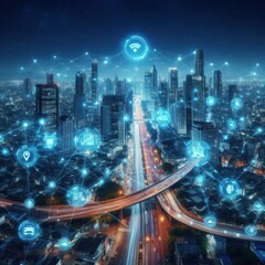 Obraz premium city at night with digital network concept