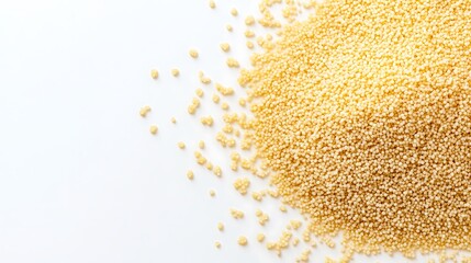 Light yellow grains are scattered on a white surface.