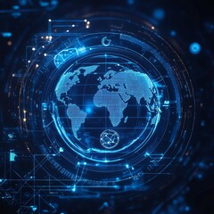 Obraz premium A digital representation of the world, featuring blue lines and data patterns, symbolizing connectivity and technology.