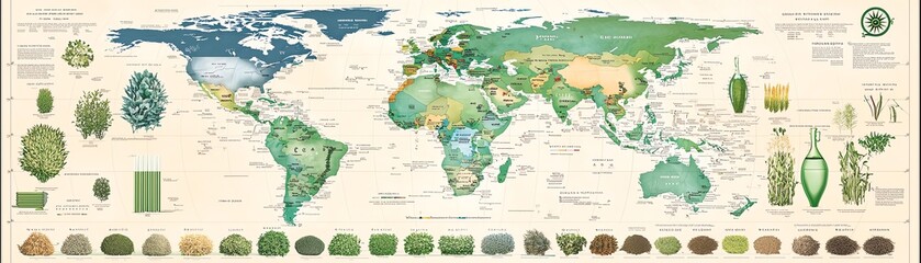 worldwide, biotech, agriculture A colorful map showcases global plant diversity with illustrations of various leaves, highlighting ecological regions and biodiversity.