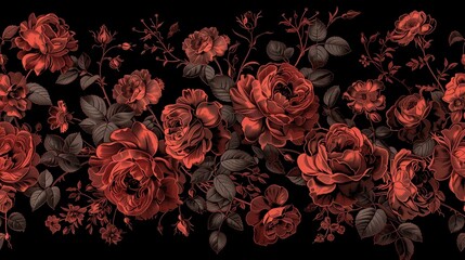 Intricate red roses engravings on black background 2D illustration. Vintage design and gothic flowers flat cartoon image colorful scene. Classic romantic aesthetic wallpaper art