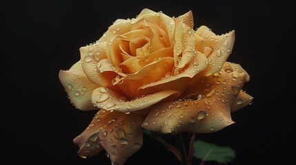 Dew-covered beige rose against dark background closeup image. Single flower with water droplets close up photography. Dewy petals floral. Natural elegance concept photo realistic
