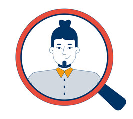 Positive caucasian man view through magnifying glass 2D cartoon character. Business company vacation male applicant isolated person flat vector on white background. Spot illustration colorful