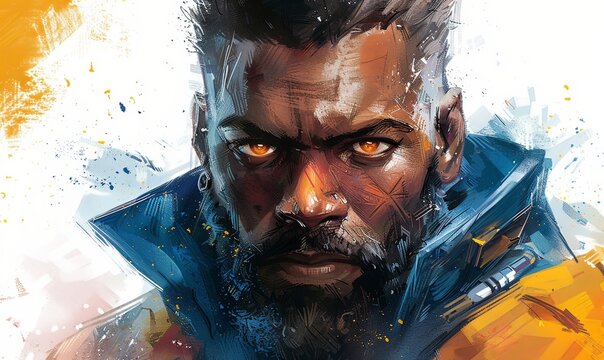 This striking portrait showcases a cyberpunk warrior with intense eyes and glowing tattoos, embodying strength and resilience in a watercolor-inspired style