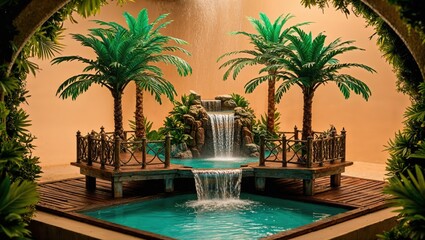 Fototapeta premium Miniature Island Platform with Waterfall, Palm Trees, and Golden Lighting