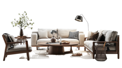 Scandinavian living room with furniture sofa table and lamp on white transparent background
