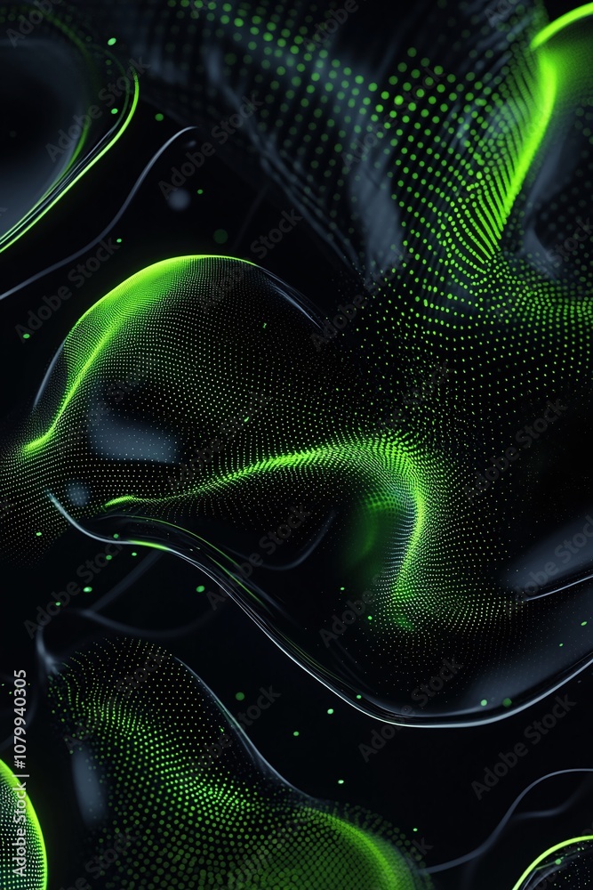 Poster abstract green wave pattern on black background with dots and smooth fluid shapes creating a dynamic