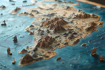 3D Illustration Map Island Ocean Mountains Ships