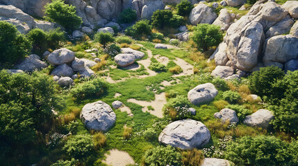 Fototapeta premium 3D Rocky Landscape Illustration - Green Grass, Trees, and Boulders