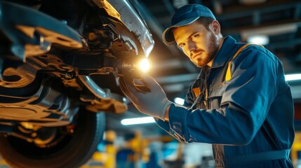 Dedicated Mechanic Inspecting Car Undercarriage
