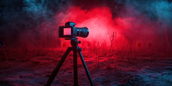 Compact infrared recorder on tripod capturing stunning night visuals in low-light conditions.