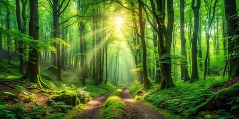 Obraz premium A Mystical Forest Path Bathed in Golden Sunlight, with Sunlight Rays Illuminating the Canopy Above, Casting an Ethereal Glow on the Lush Green Undergrowth