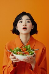 Woman presents colorful salad in artistic orange theme.