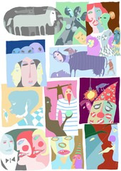 Kaleidoscope of images. The drawing consists of several compositions united by a common idea - love and passion. It depicts women, men, strange animals and fictional characters.