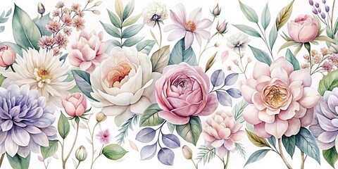 Floral arrangement with a delicate blend of pink, white, and purple blossoms, featuring graceful stems adorned with lush green foliage.