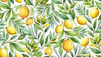 Watercolor Illustration of Ripe Yellow Citrus Fruits Among Lush Green Foliage on a White Background