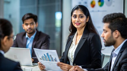 An Indian businesswoman presenting a competitive analysis report to her team.
