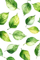 Obraz premium Seamless pattern fresh green leaves in watercolor on white background.
