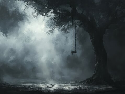 A dark, misty landscape with an old tree, ominously hanging shadows representing the lives lost to lynching, while a beam of light breaks through the clouds