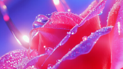 Close up rose beautiful glossy petals with dewdrop dreamy fashion pink red blue purple romantic background. floral bloom blossom flora wild plants refreshing cosmetic spa salon wallpaper