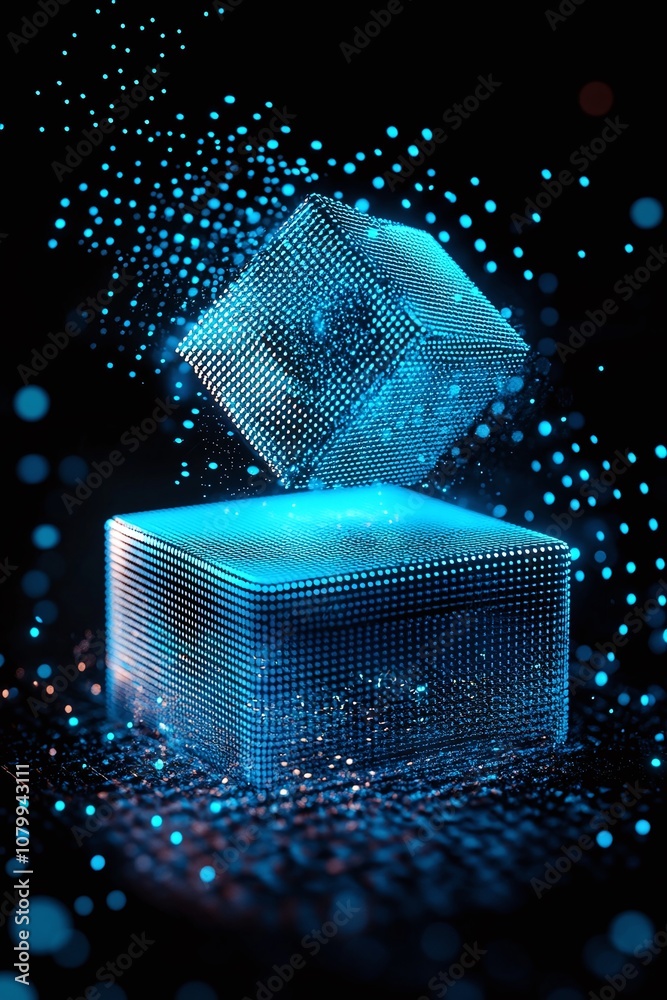 Aufkleber Abstract Representation of a Floating 3D Cube and Box with Digital Dots and Particles Creating a Futuristic and High-Tech Atmosphere in Dark Background