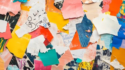Naklejka premium A colorful collage of torn paper cliparts on a textured background sparks creativity and whimsy.
