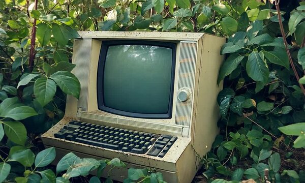 An old computer partially hidden among lush green foliage.