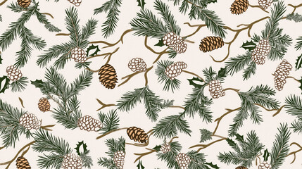 Seamless winter plant pattern with branches, leaves, berries and stars in soft pastel colors.Festive Christmas endless light ornament for textiles, wallpaper and digital design.